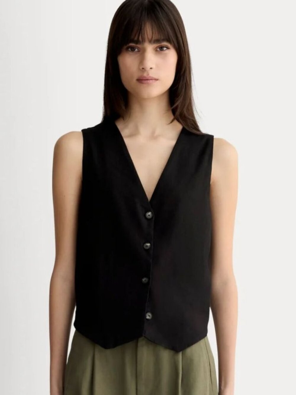 Sleeveless V-Neck Button Front Black Top